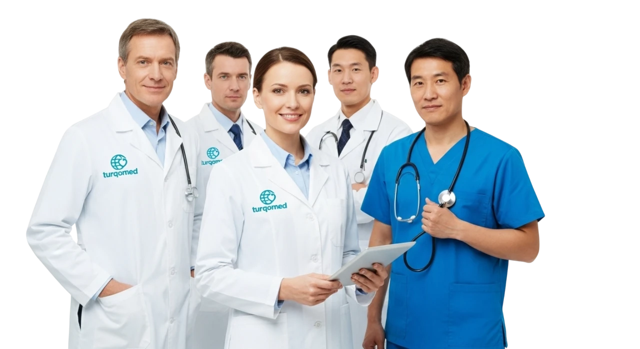 A diverse group of Turqmed doctors and medical professionals in white coats and scrubs, smiling at the camera.